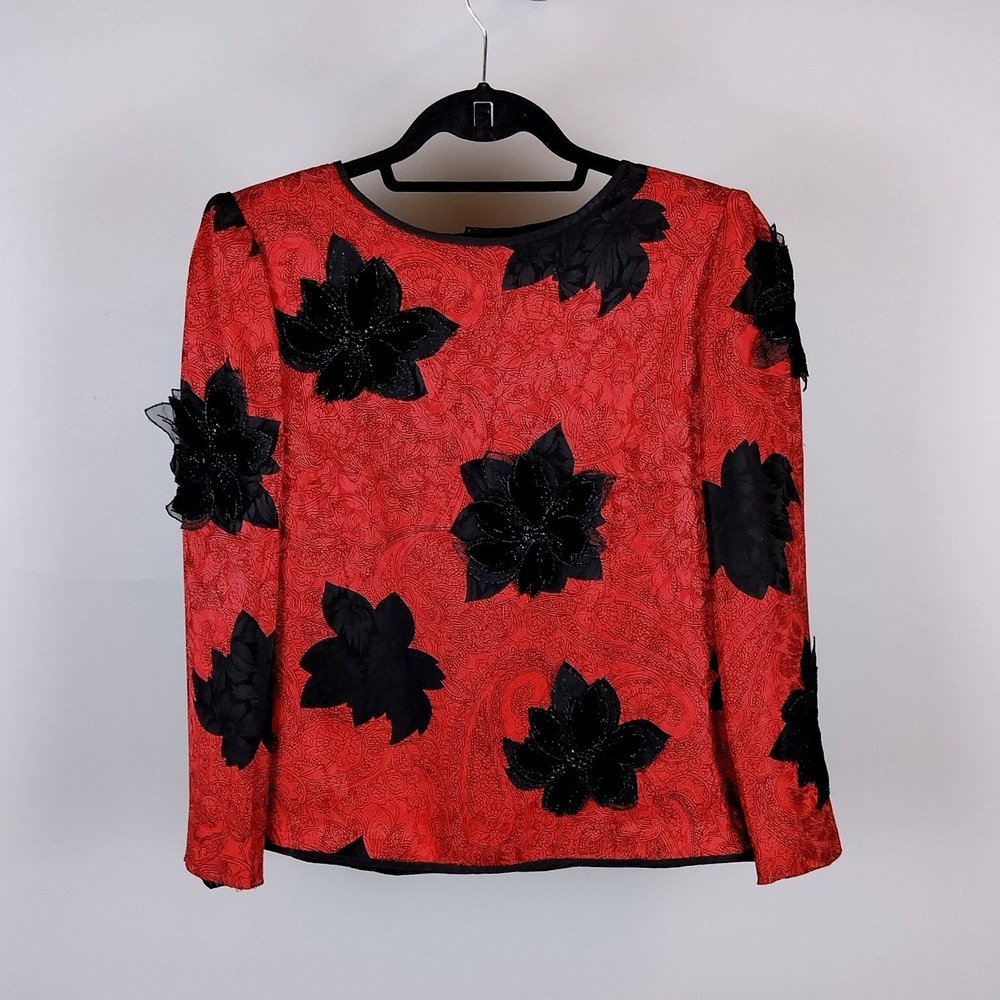 Vintage Anne Crimmins 100% Silk 3D Floral Blouse Red Black Button Back Womens 10